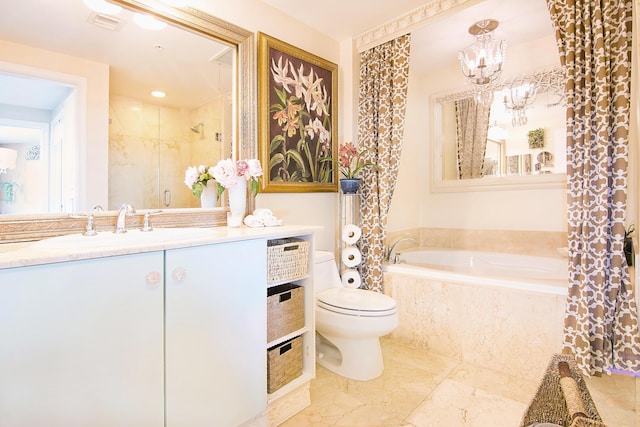 bathroom featuring visible vents, toilet, a stall shower, vanity, and a bath