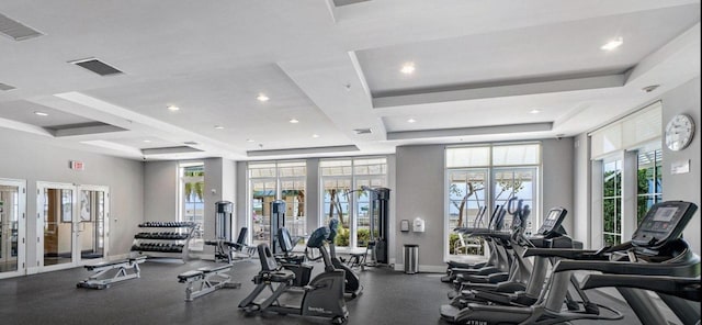 gym featuring french doors, a raised ceiling, visible vents, and baseboards