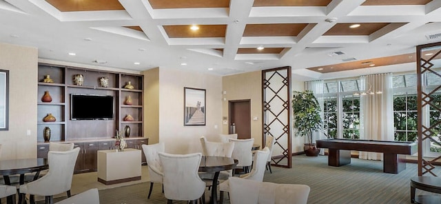 playroom featuring carpet floors, coffered ceiling, billiards, and visible vents