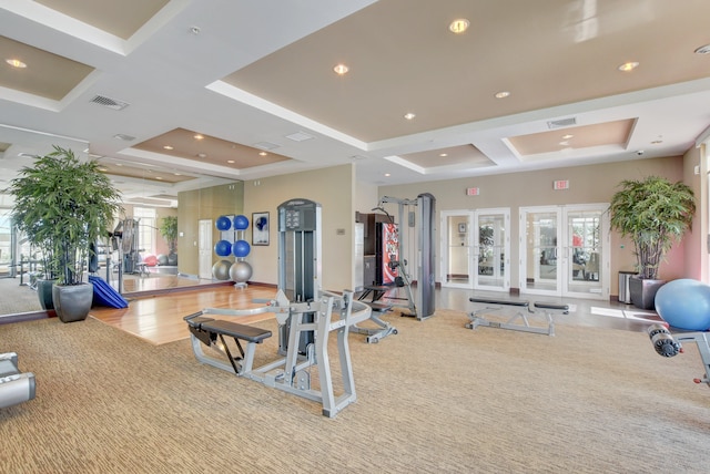 workout area featuring light hardwood / wood-style flooring, a tray ceiling, and french doors