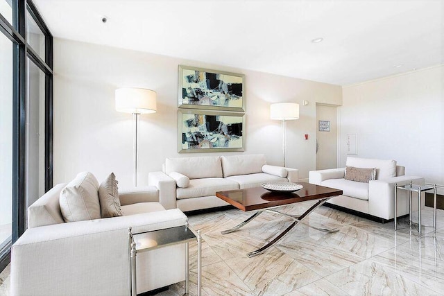 living room featuring marble finish floor