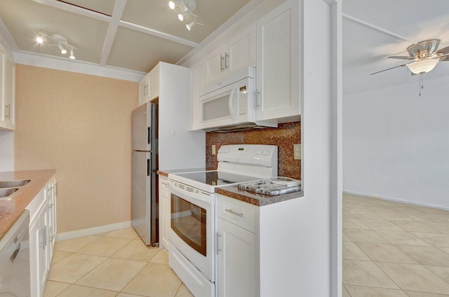 kitchen with white cabinets, white appliances, light tile patterned flooring, ceiling fan, and tasteful backsplash