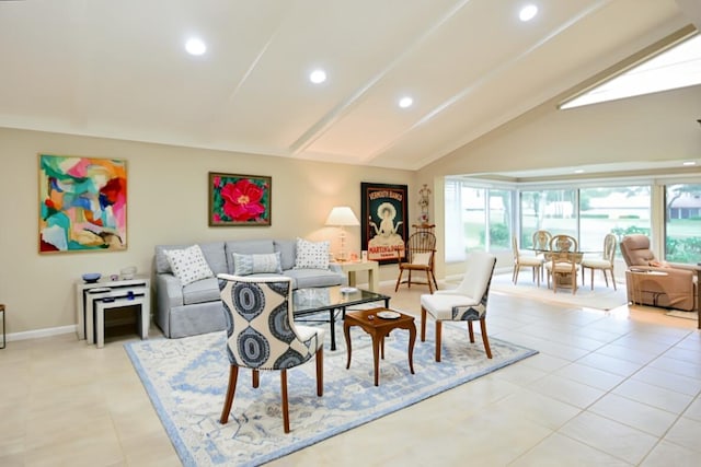 living room with light tile patterned floors and lofted ceiling