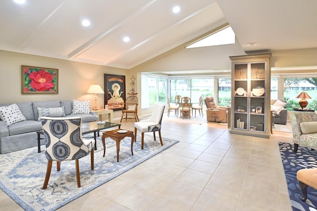 living room with light tile patterned flooring, lofted ceiling with beams, and recessed lighting