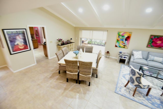 dining room with recessed lighting, light tile patterned floors, baseboards, and vaulted ceiling with beams
