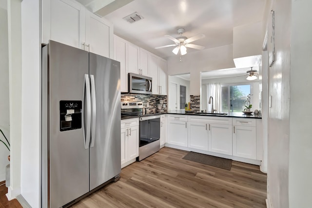 kitchen with ceiling fan, light wood-type flooring, sink, and appliances with stainless steel finishes