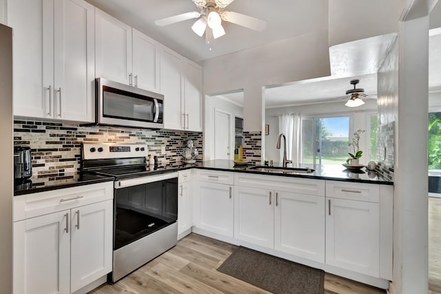 kitchen with sink, stainless steel appliances, ceiling fan, and light hardwood / wood-style floors