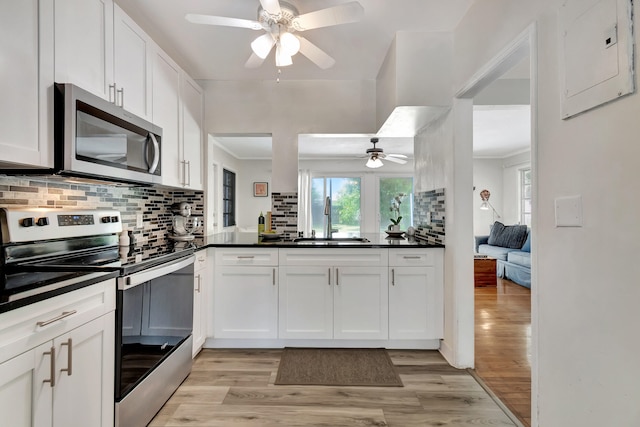 kitchen featuring appliances with stainless steel finishes, light hardwood / wood-style flooring, sink, and backsplash