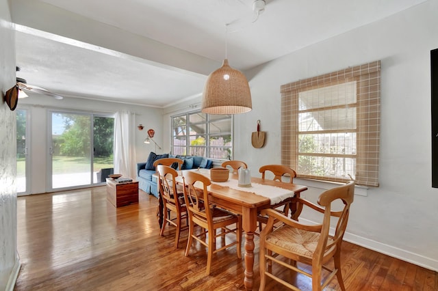 dining room featuring wood finished floors, a ceiling fan, and baseboards