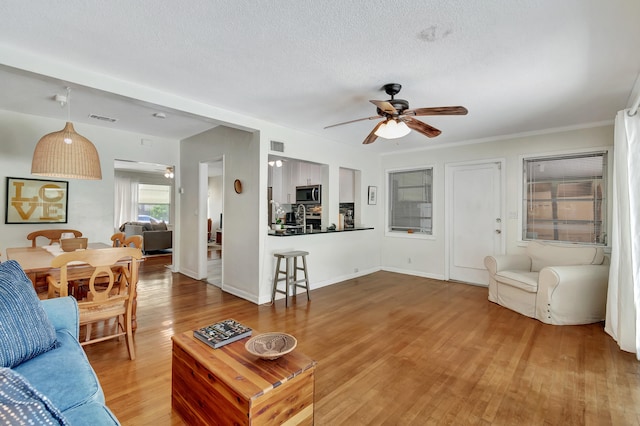 living room featuring ceiling fan, a textured ceiling, and hardwood / wood-style floors