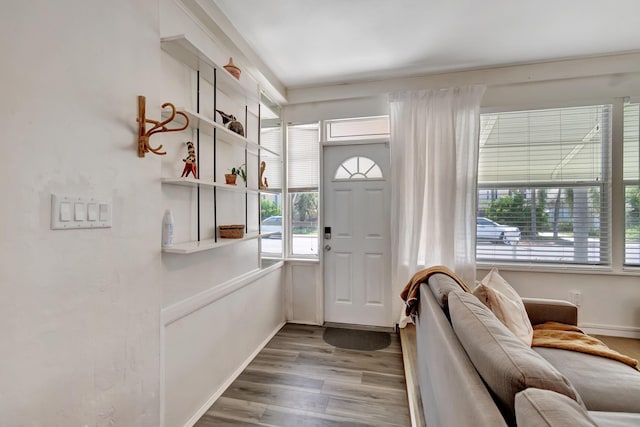 foyer entrance with baseboards and wood finished floors