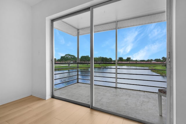 interior space with a healthy amount of sunlight, a water view, and light hardwood / wood-style floors