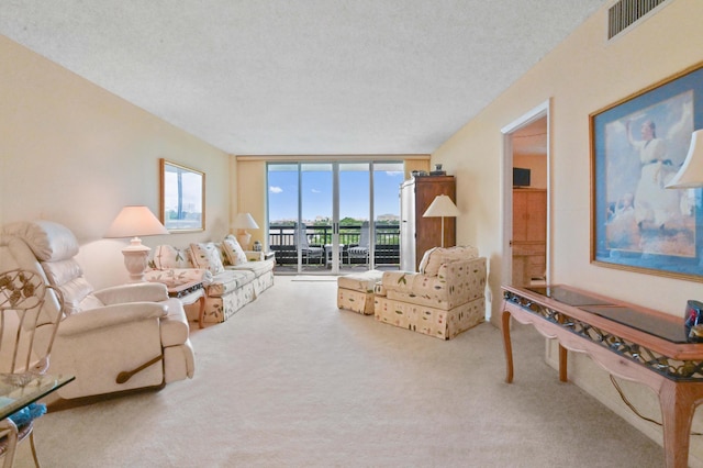 carpeted living room featuring a wall of windows and a textured ceiling