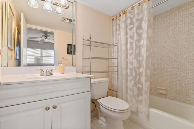 full bathroom featuring ceiling fan, vanity, toilet, and shower / bath combo