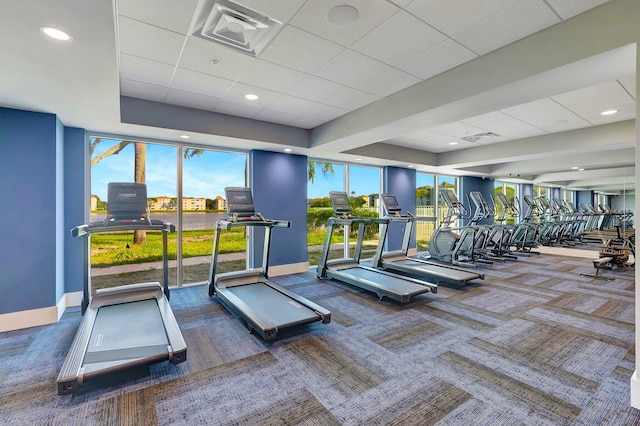 gym featuring a drop ceiling and carpet