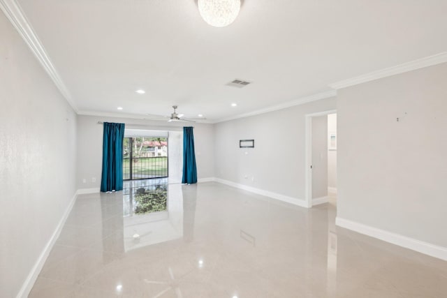 spare room featuring ceiling fan, light tile patterned floors, and ornamental molding