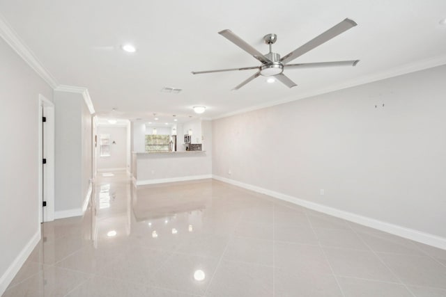 tiled spare room featuring ceiling fan and ornamental molding