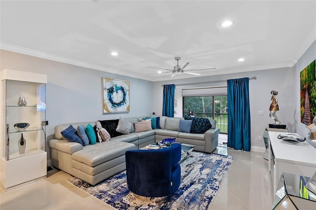 living room with ceiling fan, ornamental molding, and light tile patterned floors