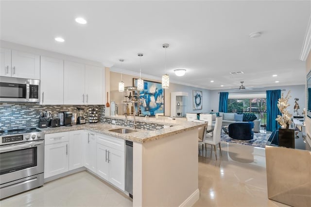 kitchen with ceiling fan, ornamental molding, kitchen peninsula, and stainless steel appliances