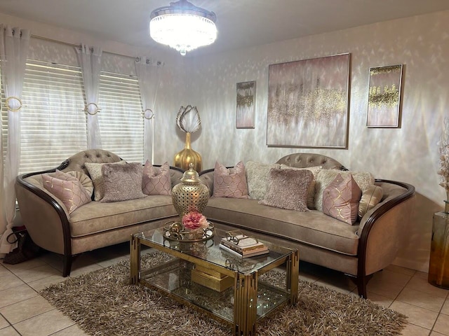 living room featuring light tile patterned flooring