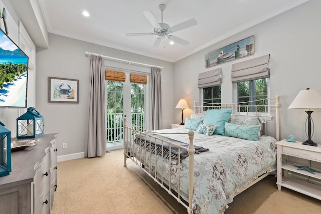 carpeted bedroom featuring ornamental molding, access to outside, and ceiling fan