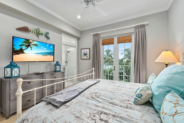 carpeted bedroom with access to exterior, ceiling fan, ornamental molding, and french doors