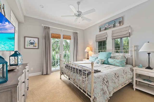 bedroom with crown molding, multiple windows, ceiling fan, and carpet floors