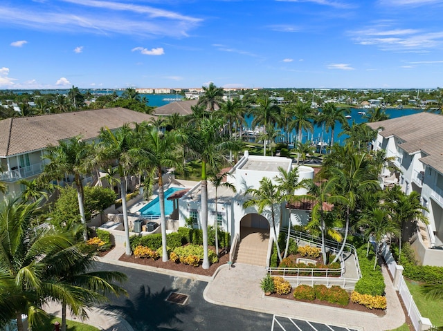 bird's eye view with a water view