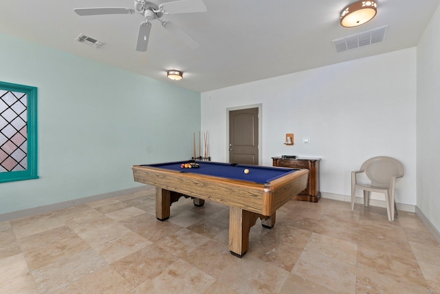 playroom featuring billiards and ceiling fan