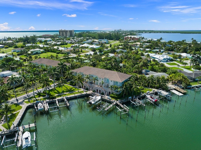 bird's eye view with a water view