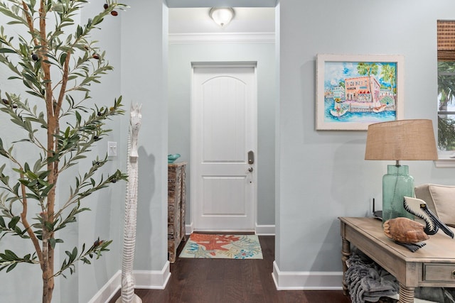 foyer with dark hardwood / wood-style flooring and ornamental molding