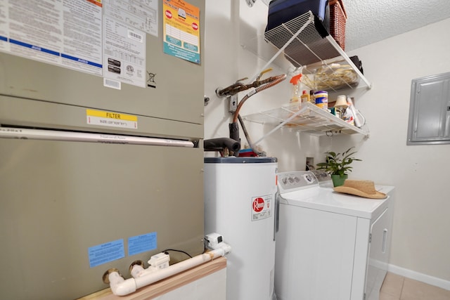 utilities featuring washer and dryer, heating unit, water heater, and electric panel