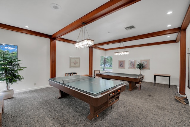 rec room with beam ceiling, dark colored carpet, and a chandelier