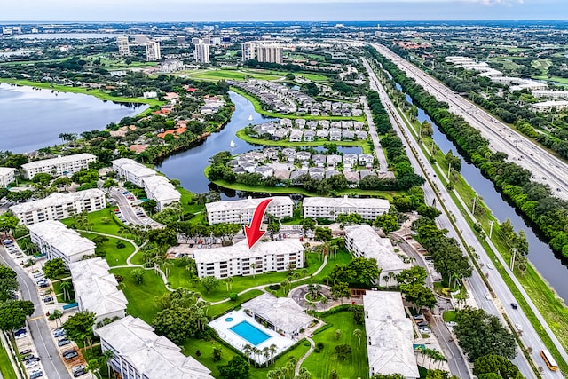 aerial view featuring a water view