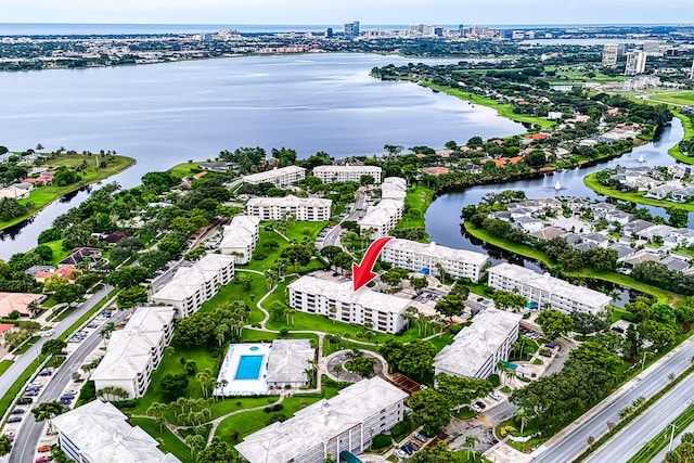 bird's eye view with a water view