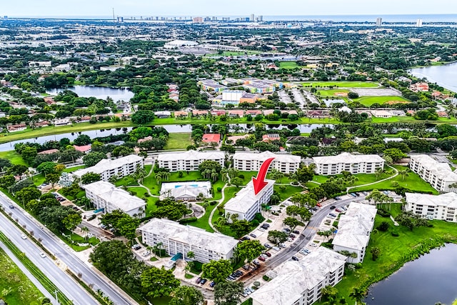 bird's eye view with a water view