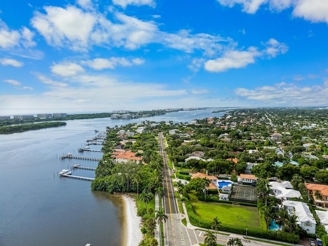 drone / aerial view with a water view