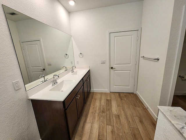 bathroom with vanity and hardwood / wood-style flooring