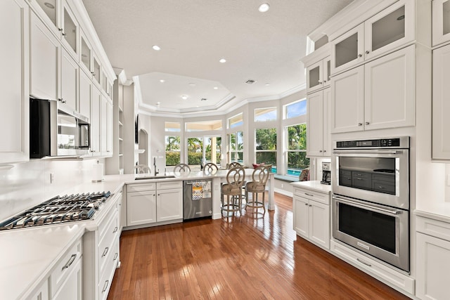 kitchen featuring dark hardwood / wood-style floors, crown molding, stainless steel appliances, and a raised ceiling