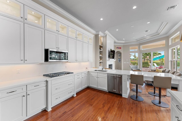 kitchen with dark wood-type flooring, a kitchen bar, white cabinetry, appliances with stainless steel finishes, and kitchen peninsula