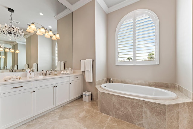 bathroom with a notable chandelier, ornamental molding, tile patterned flooring, tiled tub, and vanity