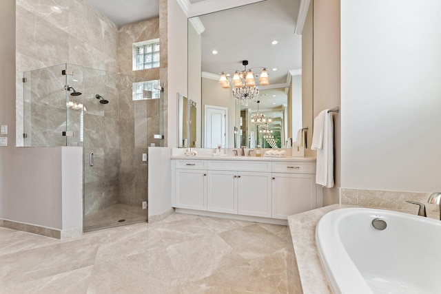 bathroom with tile patterned floors, a chandelier, vanity, plus walk in shower, and crown molding