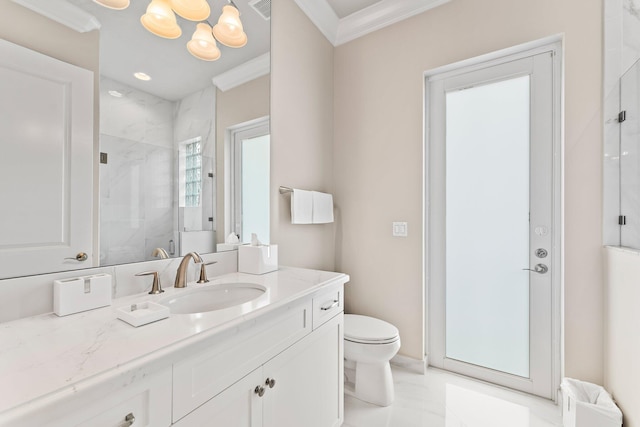 bathroom with toilet, tile patterned flooring, vanity, walk in shower, and crown molding