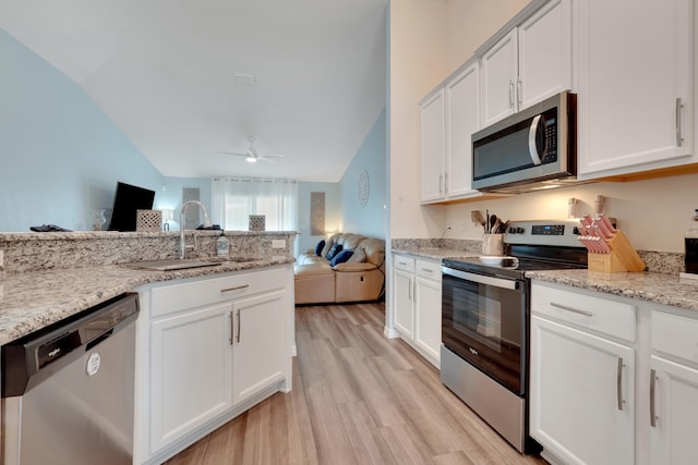 kitchen featuring light wood-type flooring, vaulted ceiling, sink, and stainless steel appliances