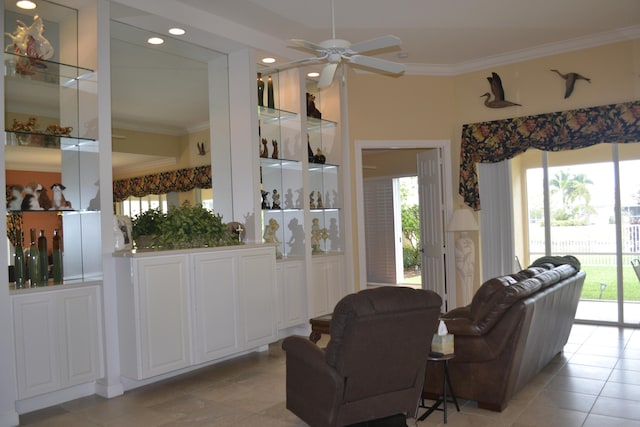 living room featuring ceiling fan and light tile patterned floors