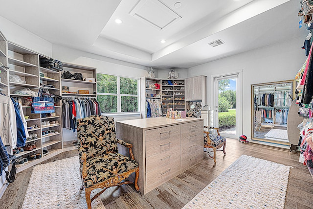 spacious closet with a tray ceiling and light hardwood / wood-style floors