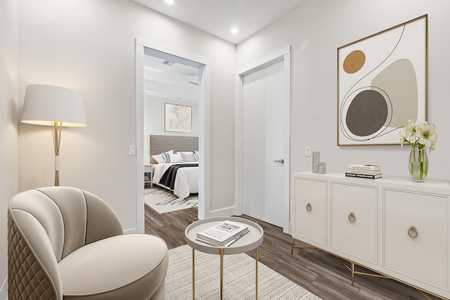 bathroom with vanity and hardwood / wood-style floors