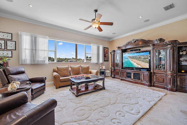 living area with ornamental molding, recessed lighting, visible vents, and a ceiling fan