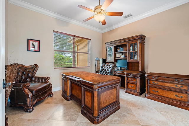 home office with ornamental molding, visible vents, ceiling fan, and baseboards