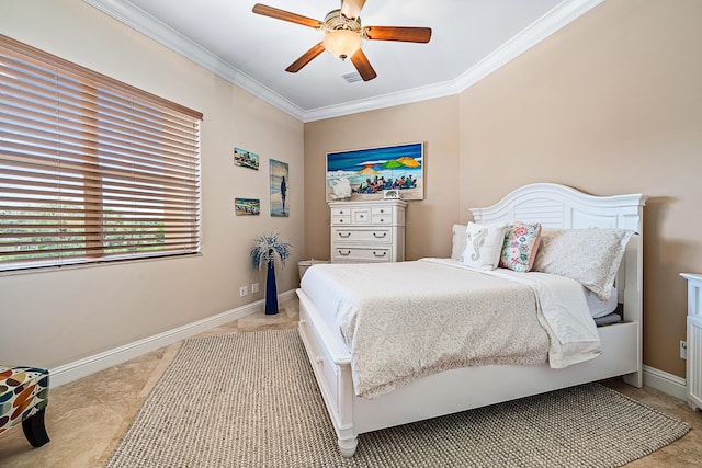 bedroom featuring ceiling fan, ornamental molding, and baseboards